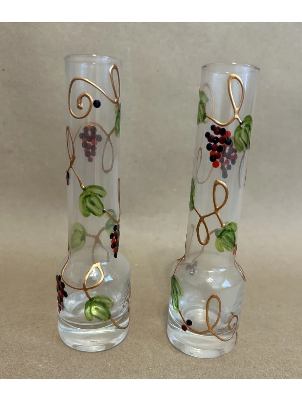 Pair of hand painted bud vases - gold toned vines, leaves and grapes